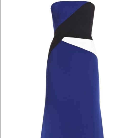 BCBG Audrianna Strapless Blue, Black, and White Colorblock Floor Length Dress - Picture 3 of 6